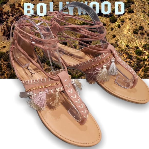 Qupid Mauve, Multi Color Tassel Boho LaceUp Sandal - Picture 3 of 3